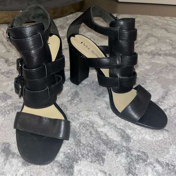 Via Spiga Black Leather Gladiator Open Toe Block Heels - Picture 11 of 11